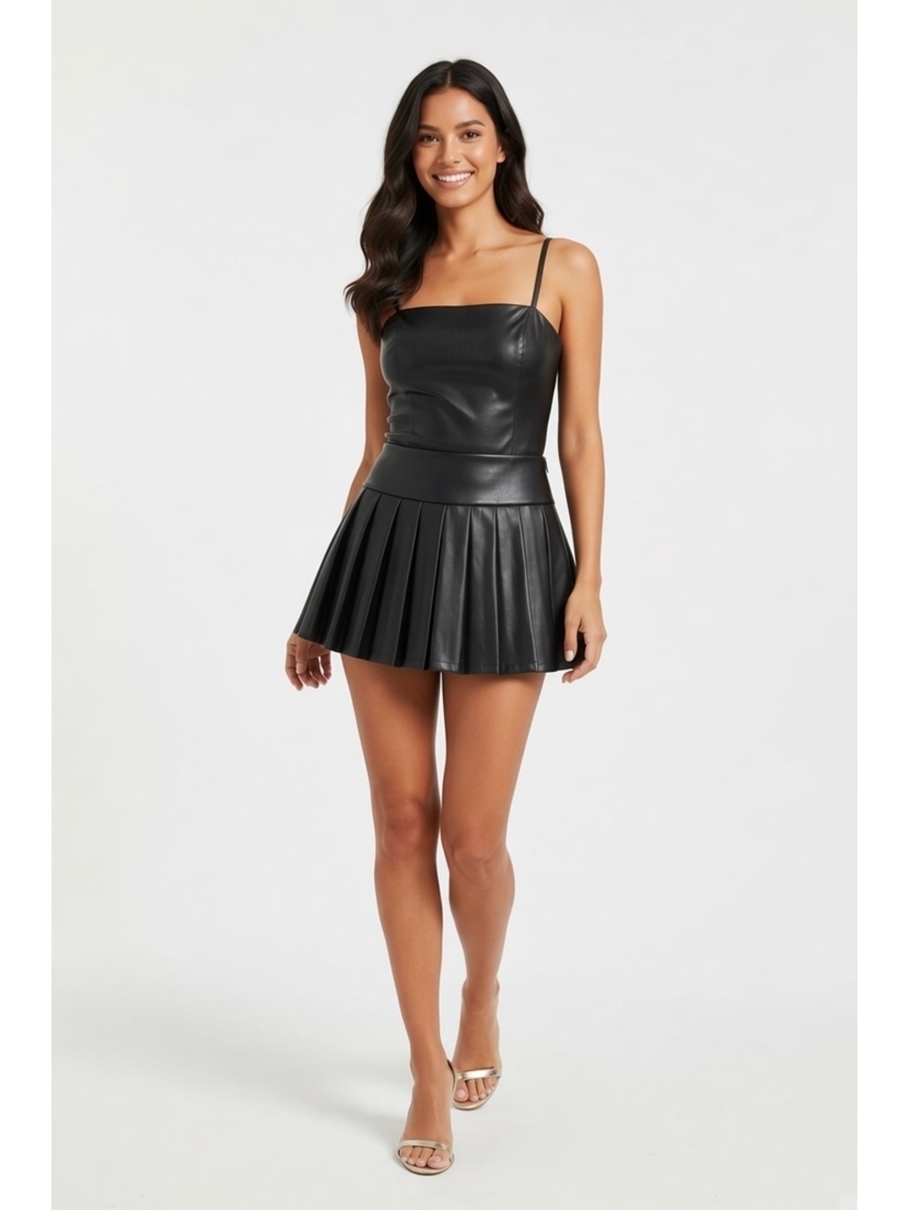 Haute Monde Women's Black Faux Leather Pleated Skort Size Large